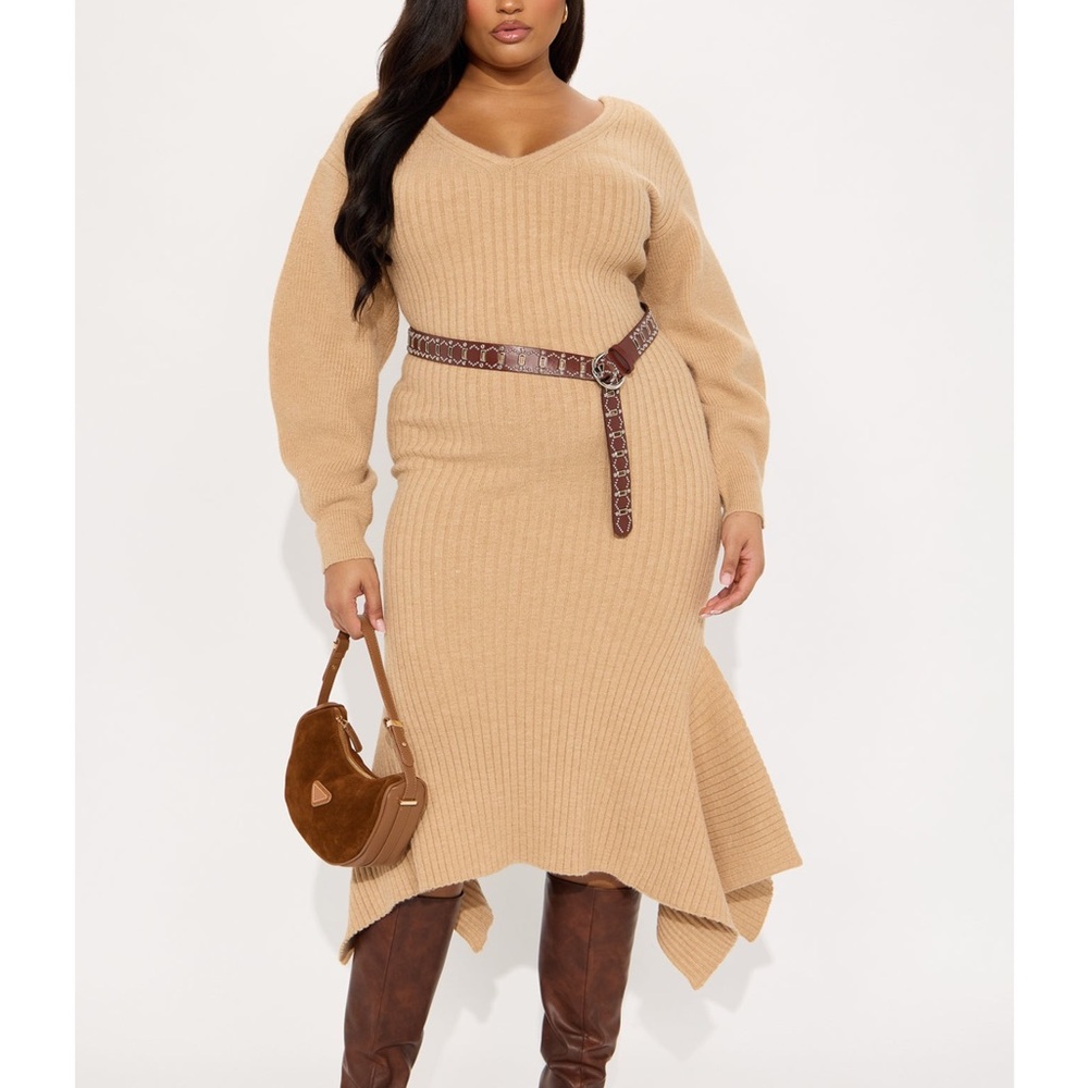 FashionNova Bria Belted Dress mocha Elegant Tan Knit Dress size XS - Picture 3 of 16